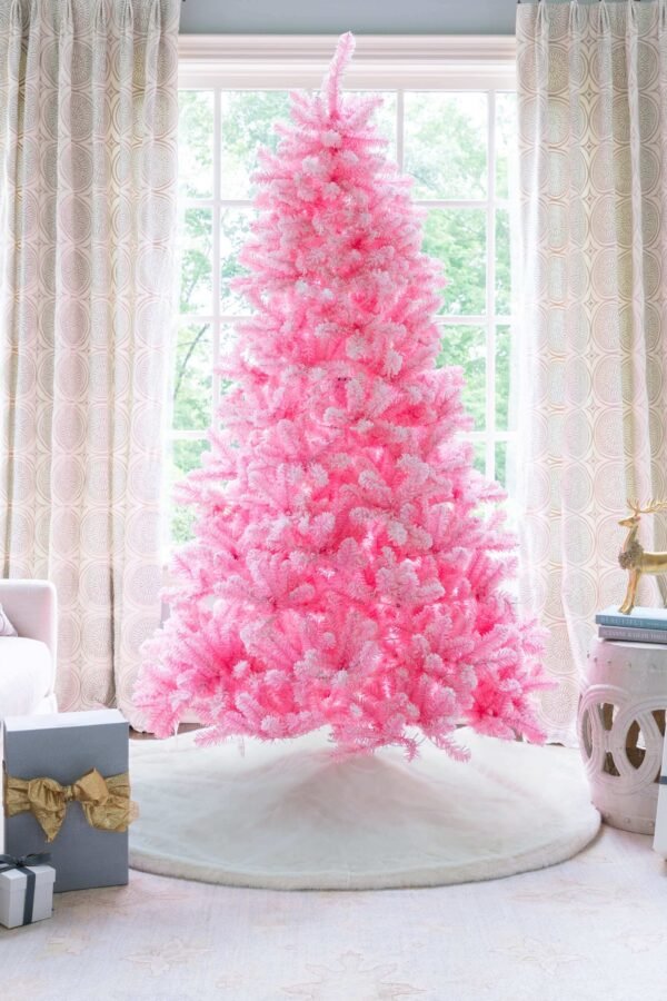 KOC2021TreesVertical-1_ac14b0ea-07e2-4558-b7d2-ae4bdbdd1f8c 7.5' Duchess Pink Flock Artificial Christmas Tree with 600 Warm White LED Lights
