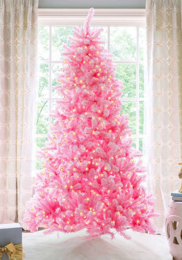 Pink.Duchess 6.5' Duchess Pink Flock Artificial Christmas Tree with 500 Warm White LED Lights