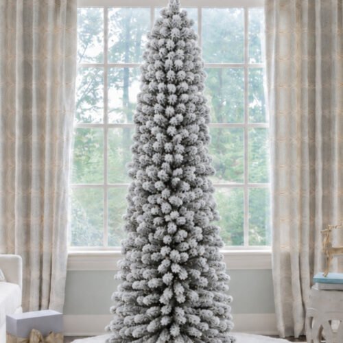 PrincePencilTreeLED 9' Prince Flock® Pencil Artificial Christmas Tree with 600 Warm White LED Lights