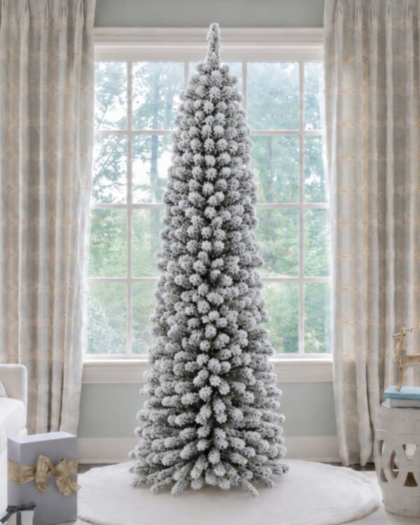 PrincePencilTreeLED 7' Prince Flock® Pencil Artificial Christmas Tree with 400 Warm White LED Lights